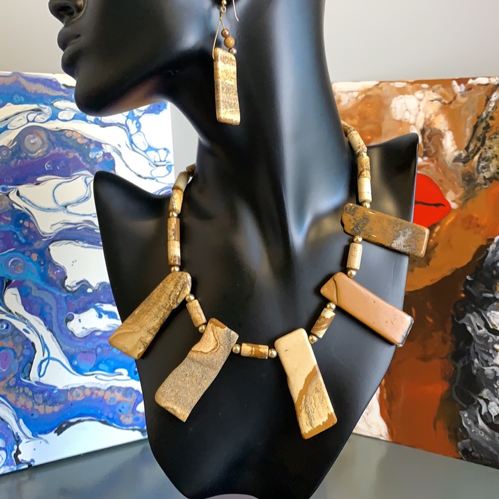 Handcrafted Picture Jasper Semi Precious Statemen Necklace and earrings Jewelry - Picture 8 of 9